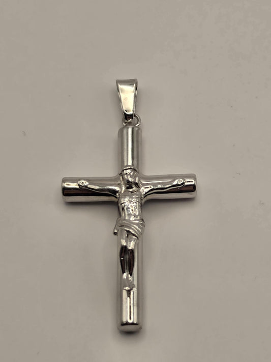 Sterling Silver Tube Crucifix Pendant, Round Bar Cross with Corpus 925