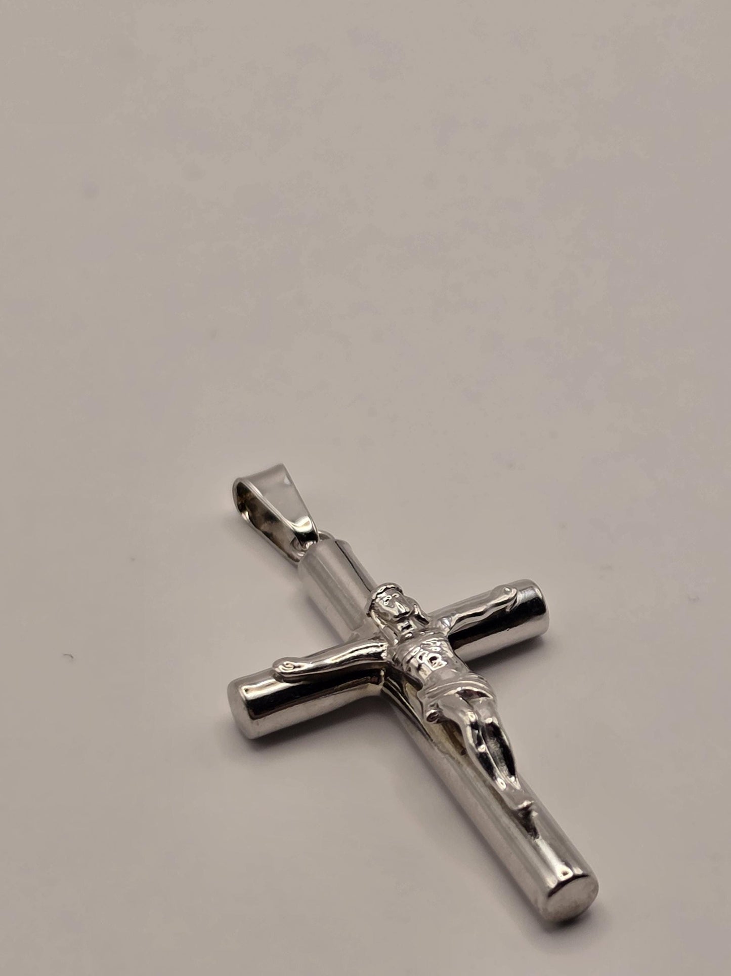 Sterling Silver Tube Crucifix Pendant, Round Bar Cross with Corpus 925