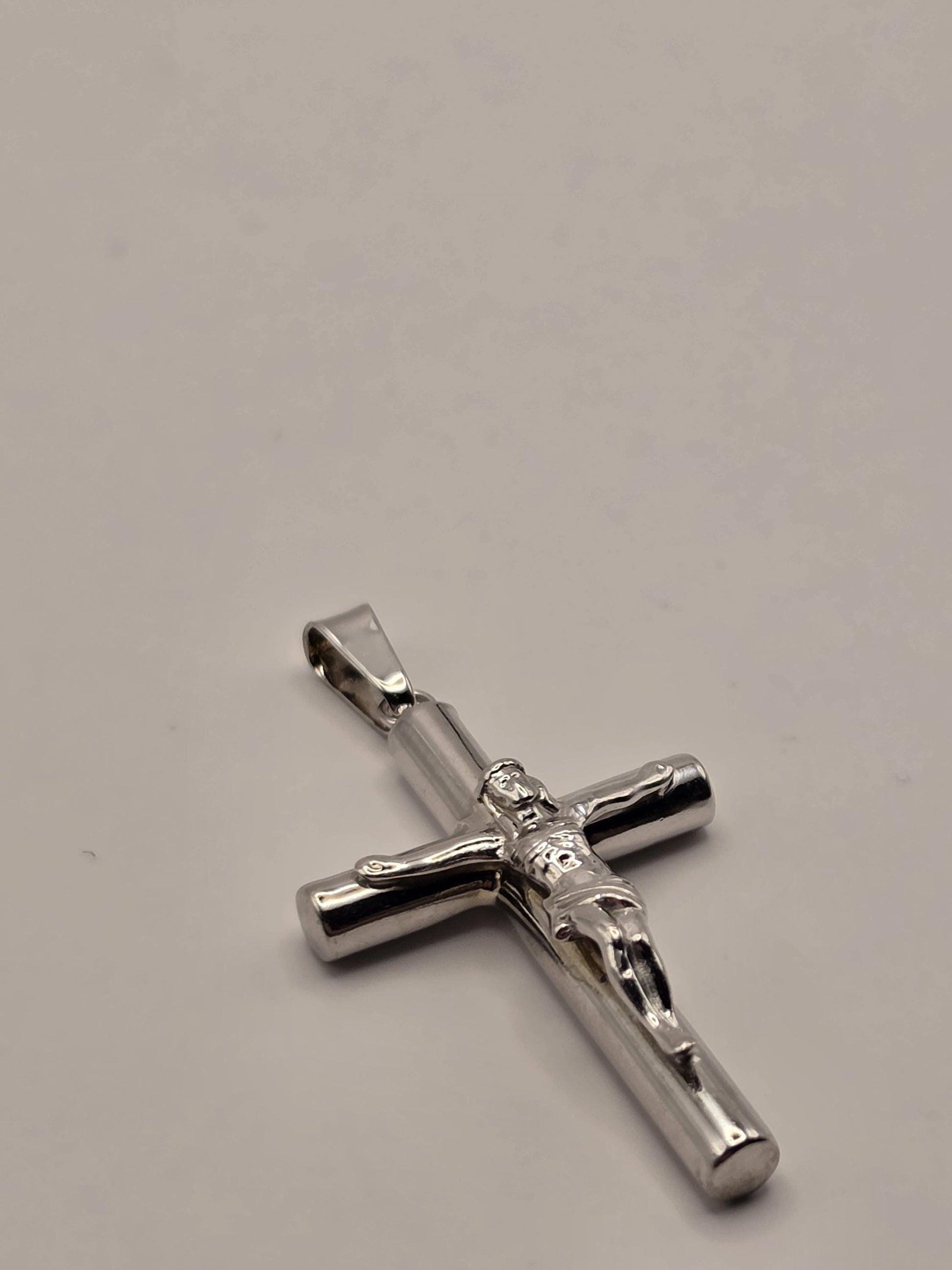 Sterling Silver Tube Crucifix Pendant, Round Bar Cross with Corpus 925