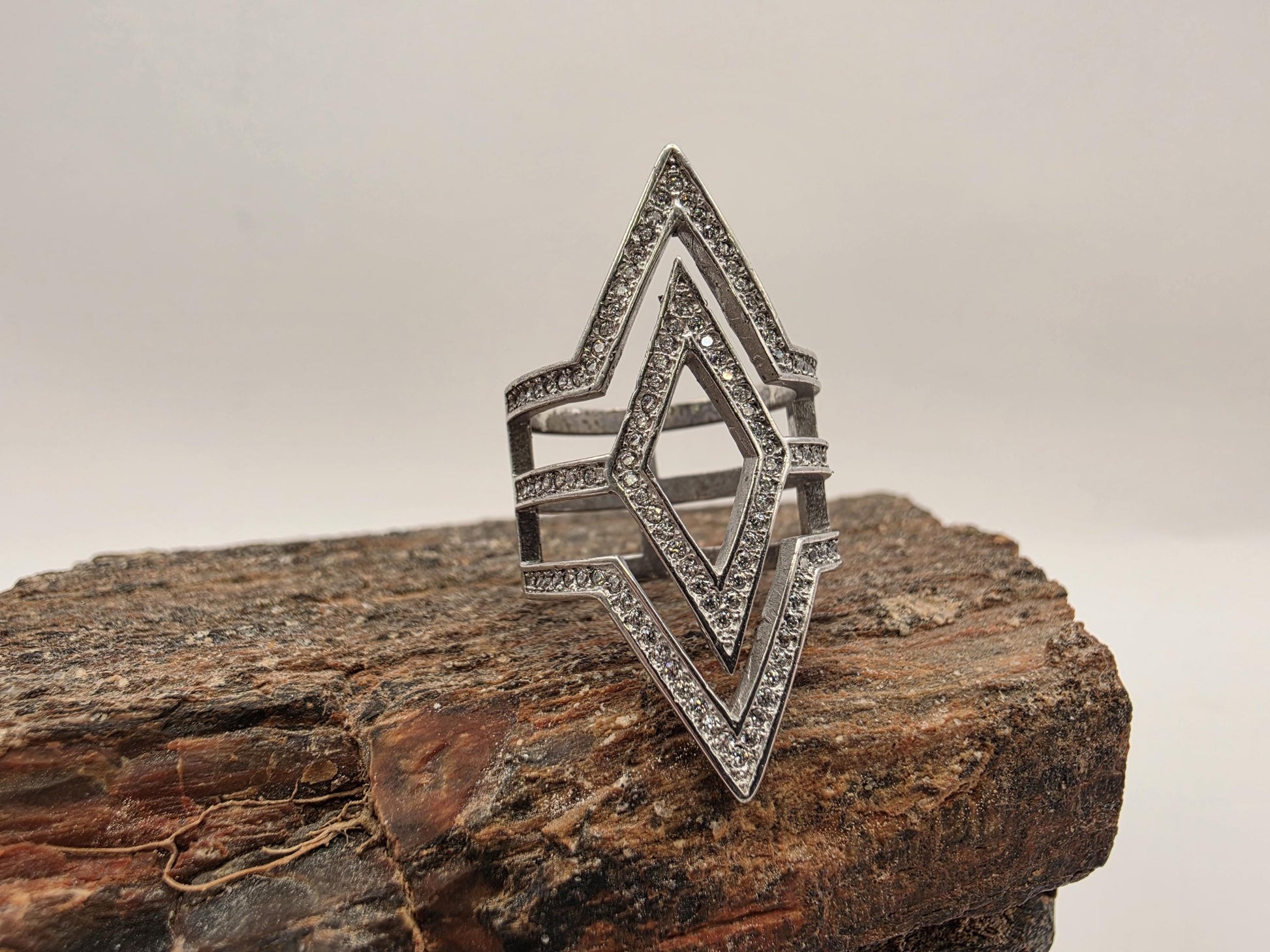 Sterling Silver CZ Double Diamond Shape Ring Size 7 Geometric Chevron Statement 925 Women 7.6g