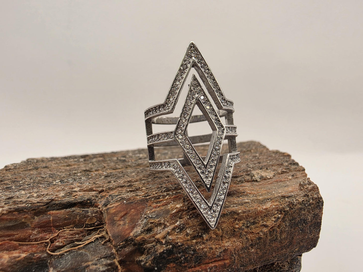 Sterling Silver CZ Double Diamond Shape Ring Size 7 Geometric Chevron Statement 925 Women 7.6g