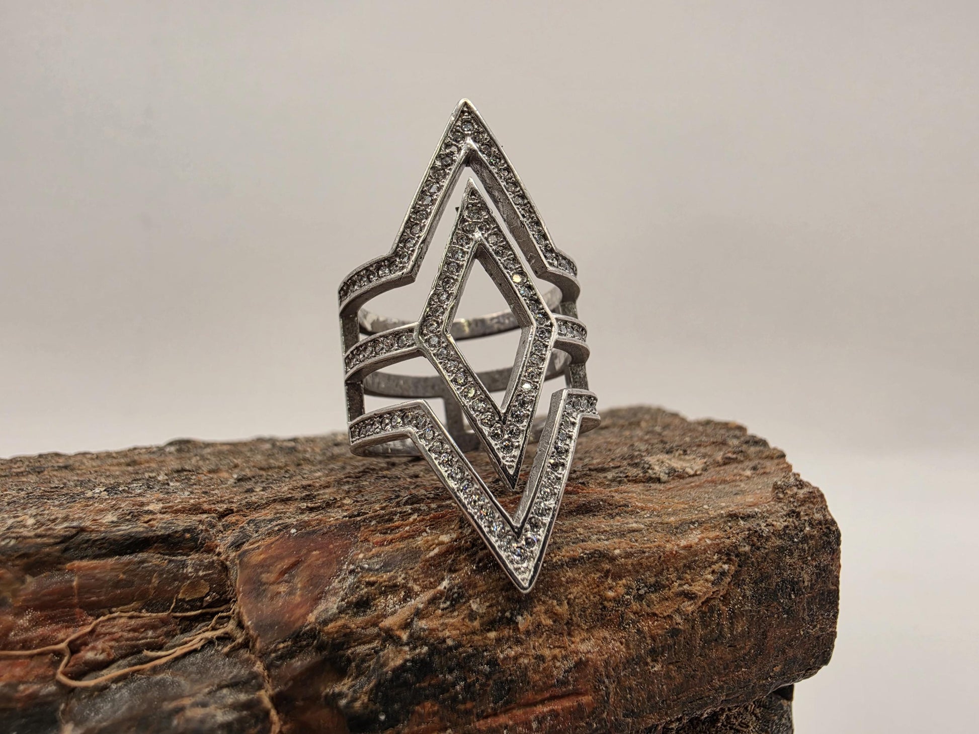 Sterling Silver CZ Double Diamond Shape Ring Size 7 Geometric Chevron Statement 925 Women 7.6g
