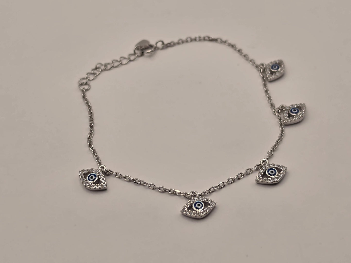 Sterling Silver Evil Eye Charm Bracelet, Marquise CZ Dangle Chain 925