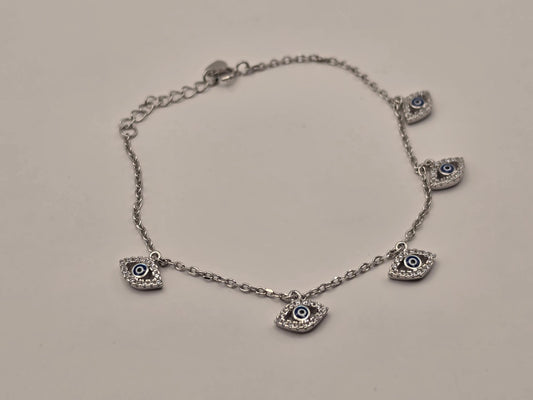 Sterling Silver Evil Eye Charm Bracelet, Marquise CZ Dangle Chain 925