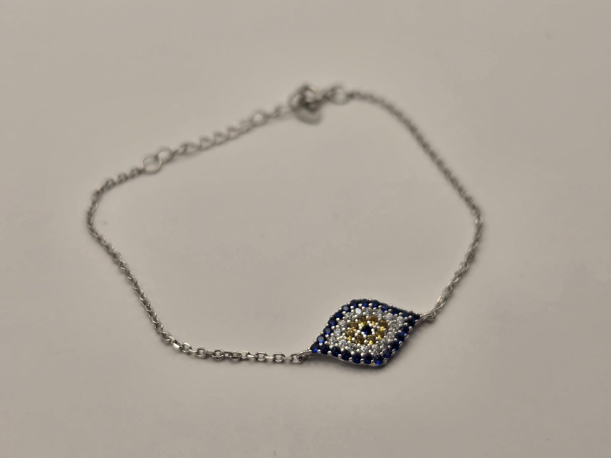Sterling Silver Evil Eye Chain Bracelet, Blue CZ Pave Delicate Link 925