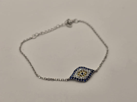 Sterling Silver Evil Eye Chain Bracelet, Blue CZ Pave Delicate Link 925