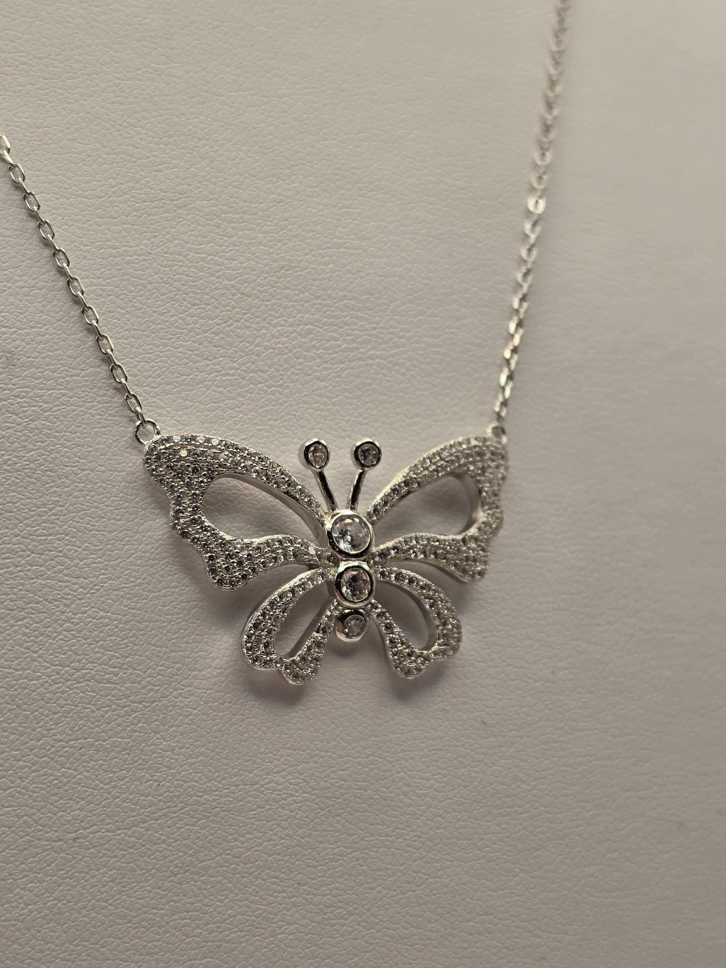 Sterling Silver CZ Butterfly Pendant Necklace, Open Wing Double Chain 925