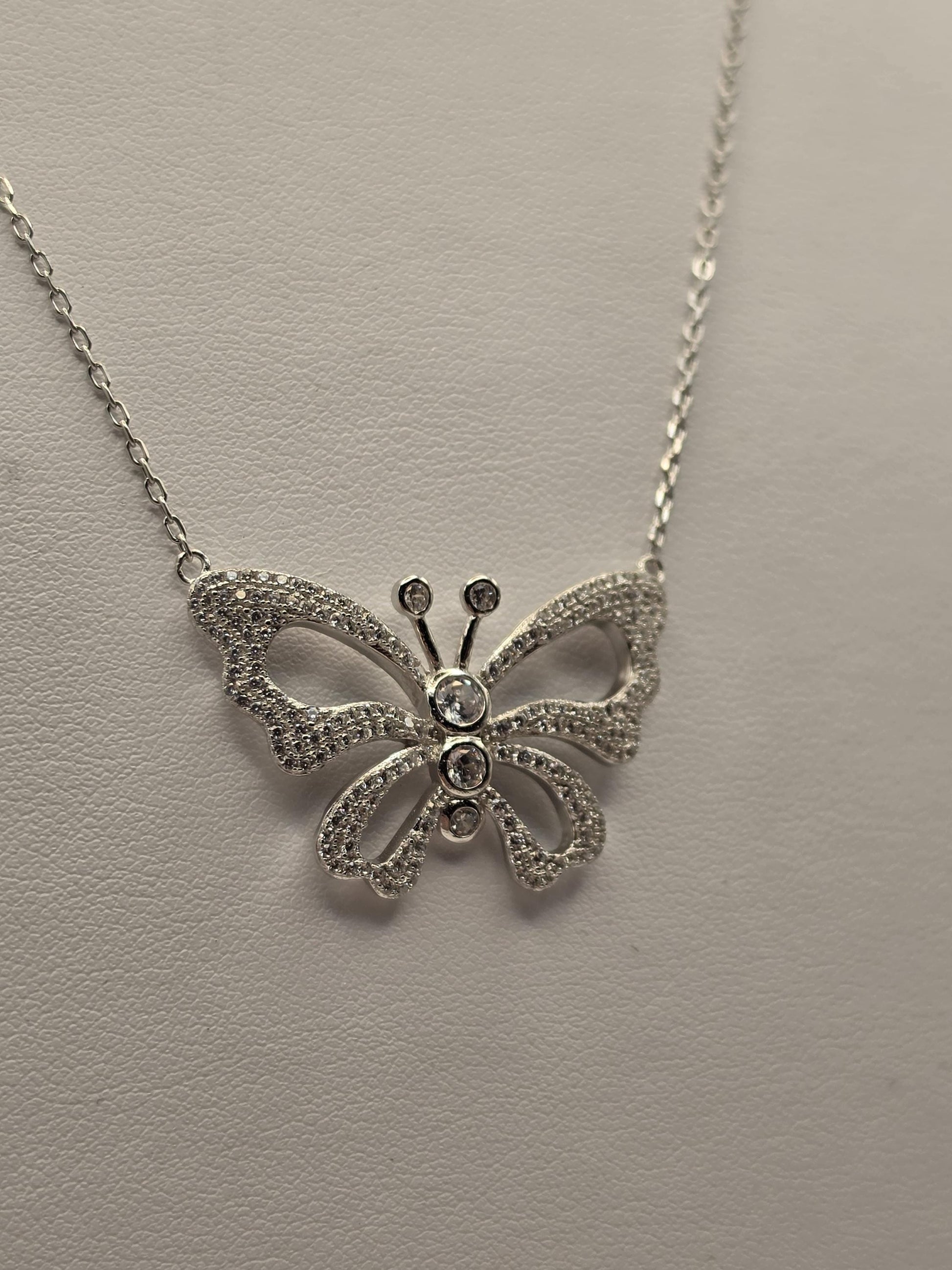Sterling Silver CZ Butterfly Pendant Necklace, Open Wing Double Chain 925