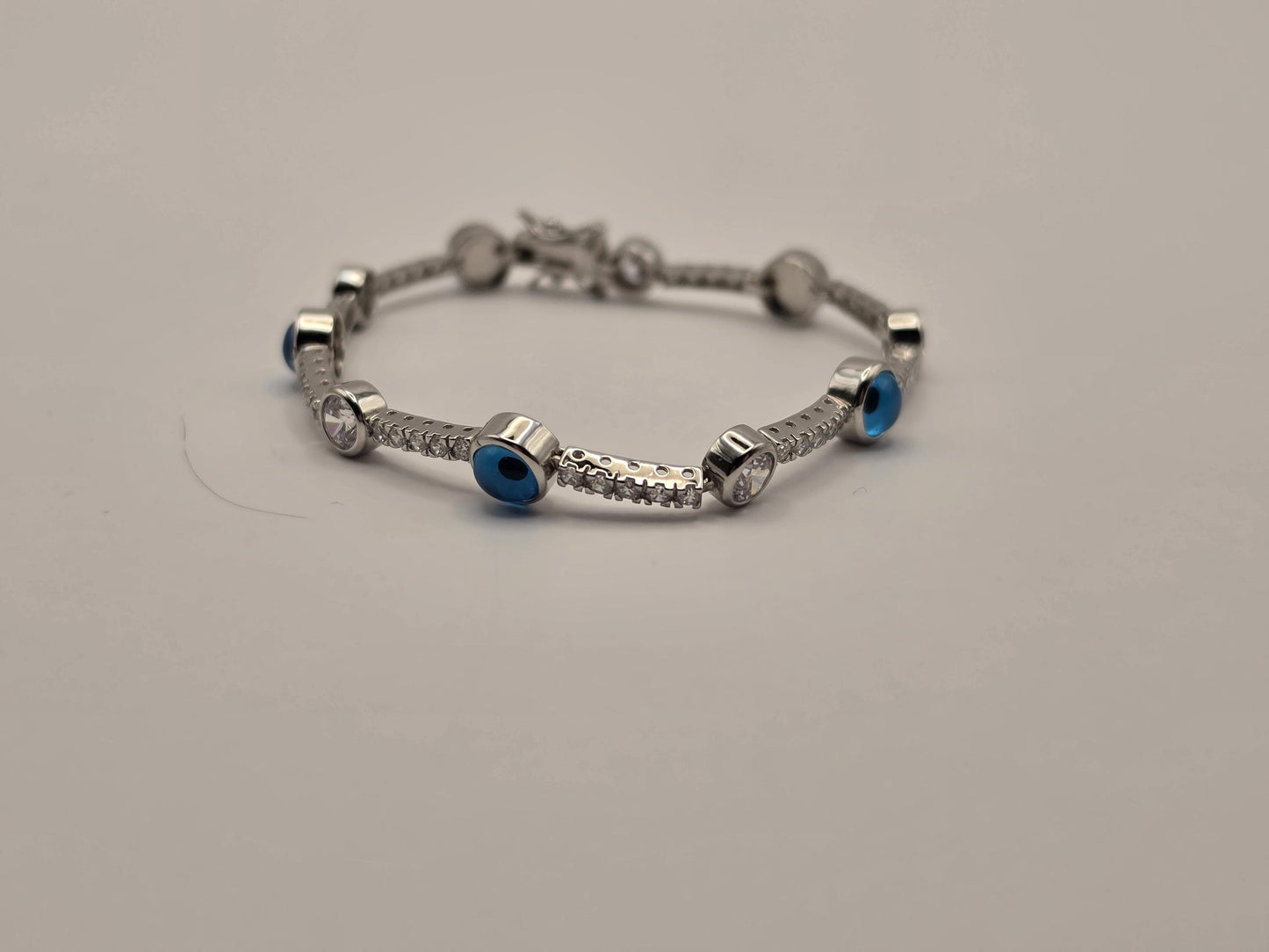 Sterling Silver Evil Eye Tennis Bracelet, Blue Enamel CZ Station 925