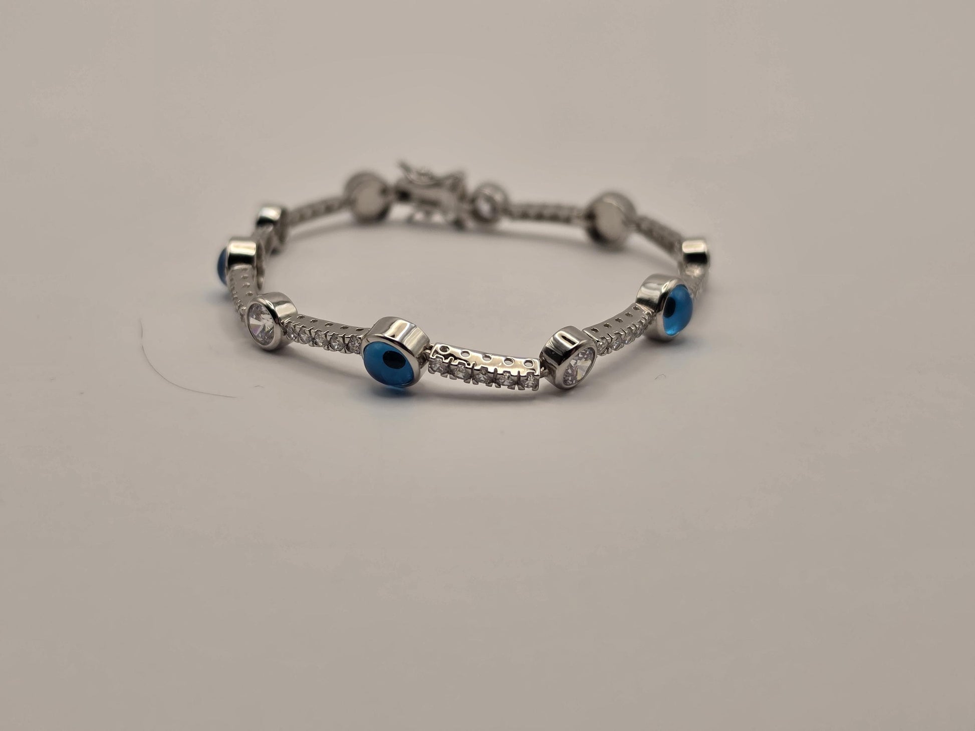 Sterling Silver Evil Eye Tennis Bracelet, Blue Enamel CZ Station 925