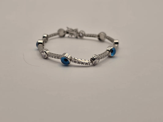 Sterling Silver Evil Eye Tennis Bracelet, Blue Enamel CZ Station 925