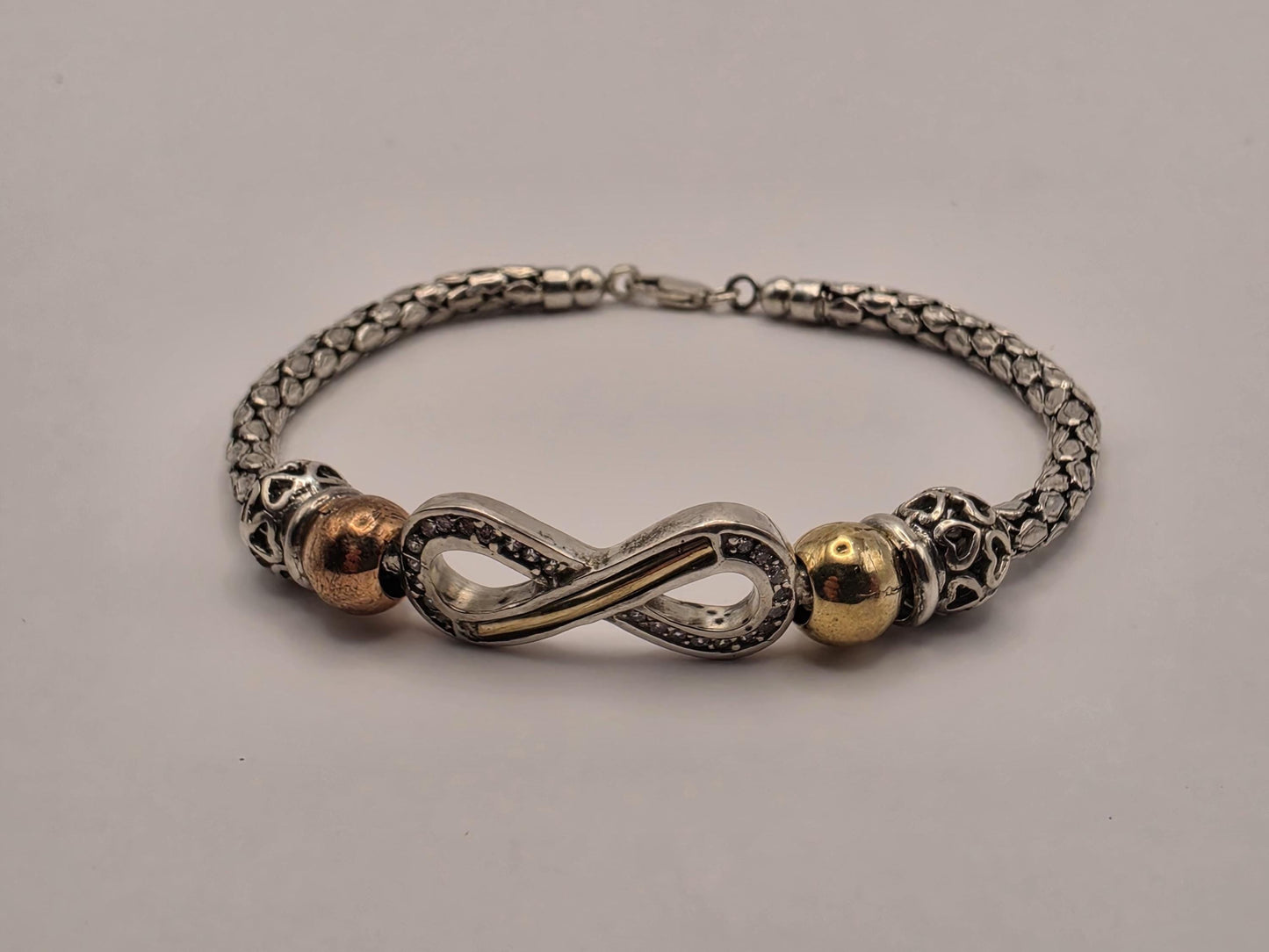 Sterling Silver Snake Chain Bracelet, Infinity Center Mixed Tone Beads 925