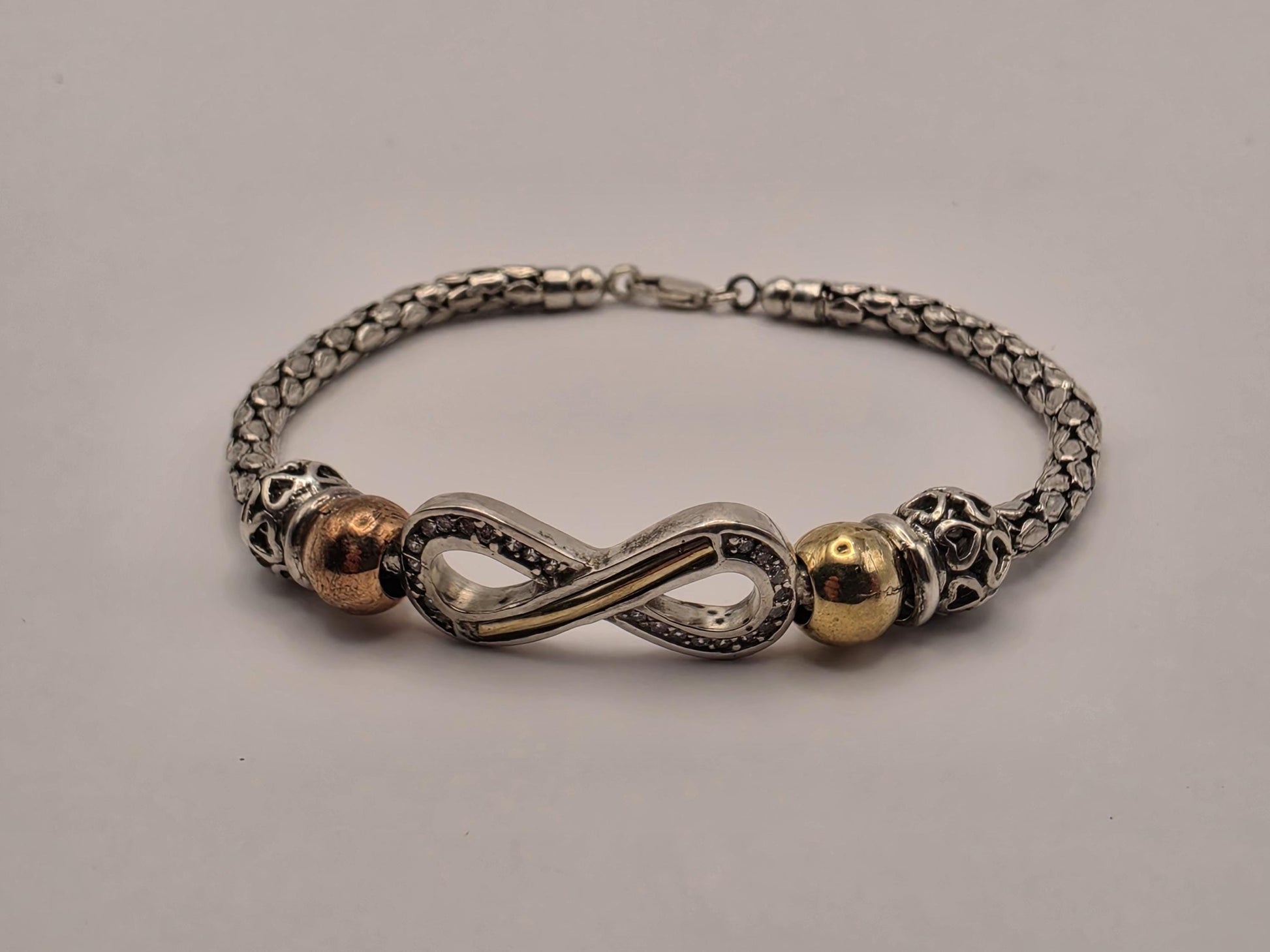 Sterling Silver Snake Chain Bracelet, Infinity Center Mixed Tone Beads 925