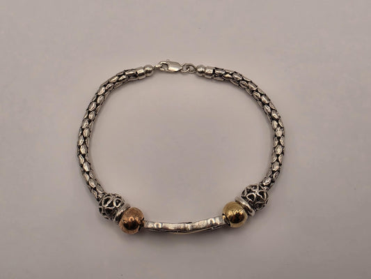 Sterling Silver Snake Chain Bracelet, Infinity Center Mixed Tone Beads 925