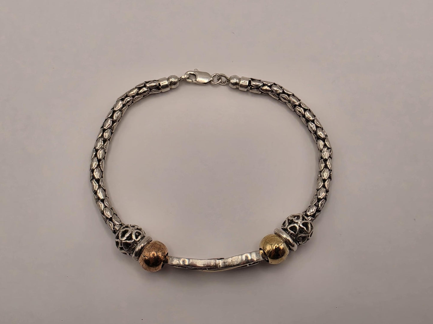 Sterling Silver Snake Chain Bracelet, Infinity Center Mixed Tone Beads 925