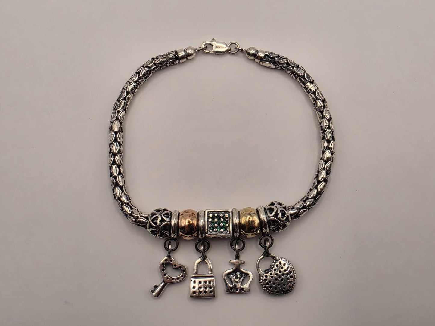 Sterling Silver Charm Bracelet, Snake Chain with Mixed Charms 925