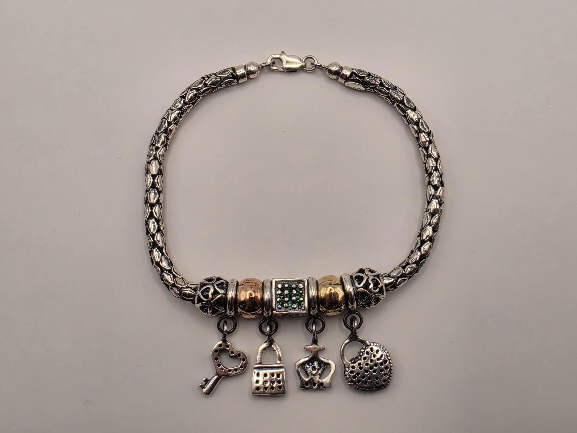 Sterling Silver Charm Bracelet, Snake Chain with Mixed Charms 925