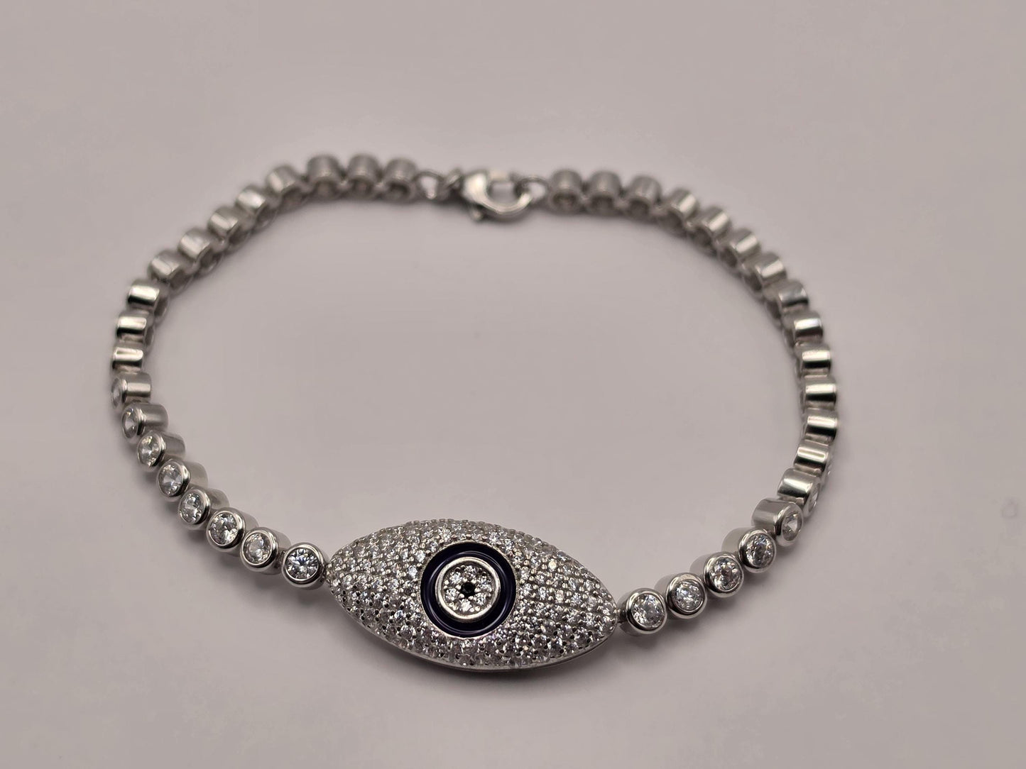 Sterling Silver Evil Eye Bracelet, CZ Pave Bezel Tennis Chain 925