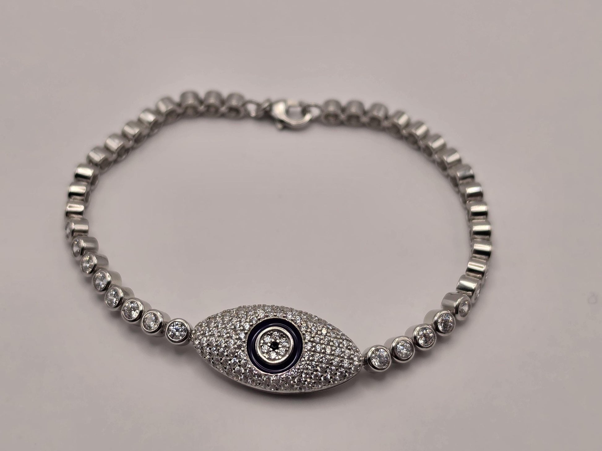 Sterling Silver Evil Eye Bracelet, CZ Pave Bezel Tennis Chain 925