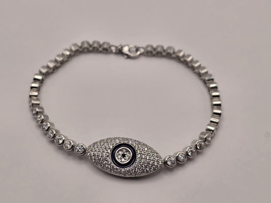 Sterling Silver Evil Eye Bracelet, CZ Pave Bezel Tennis Chain 925