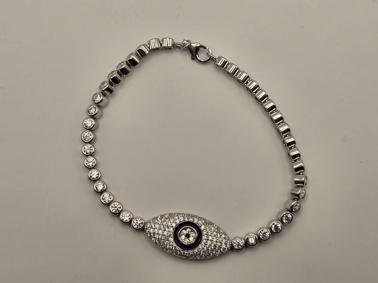 Sterling Silver Evil Eye Bracelet, CZ Pave Bezel Tennis Chain 925