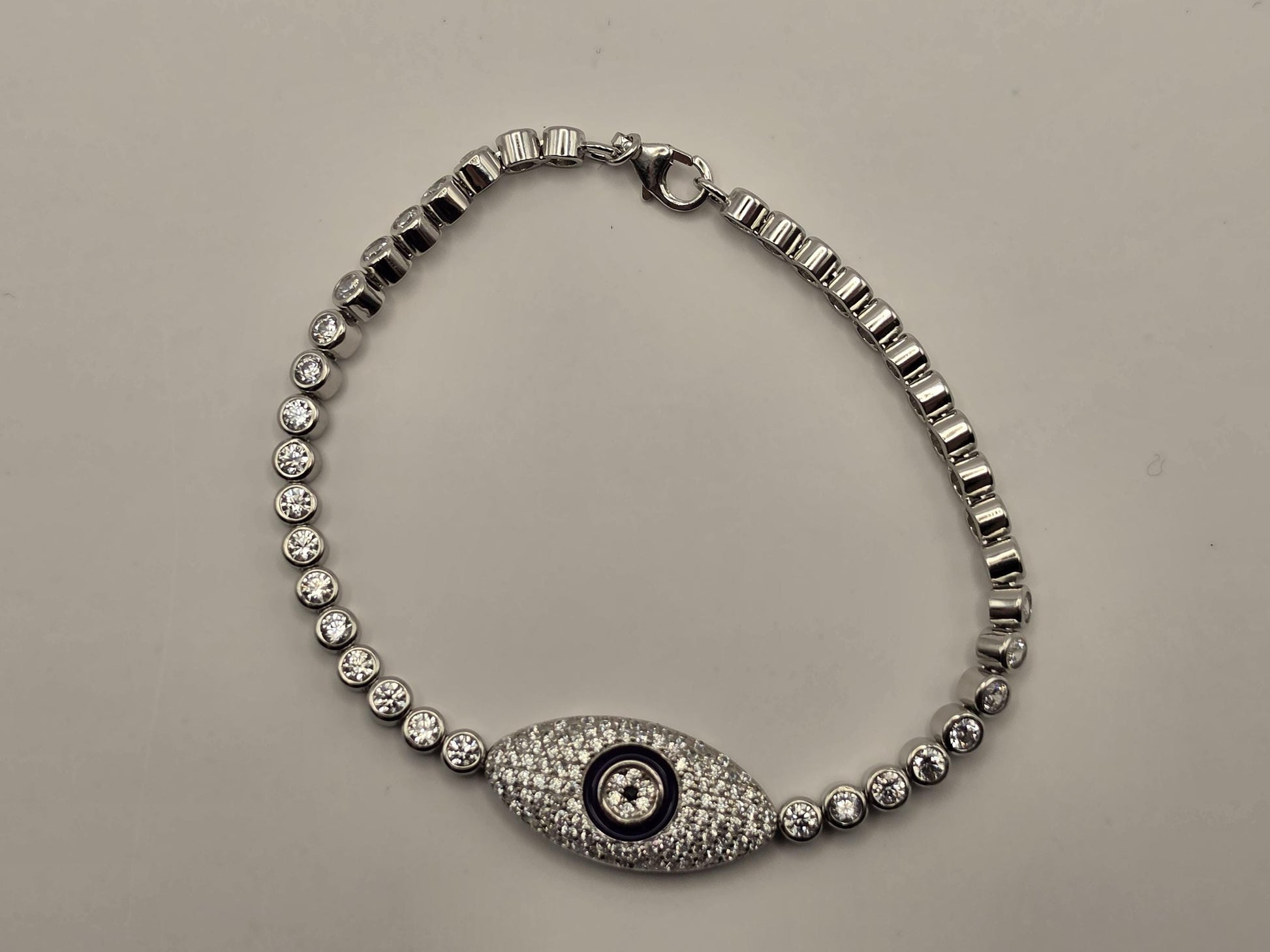 Sterling Silver Evil Eye Bracelet, CZ Pave Bezel Tennis Chain 925