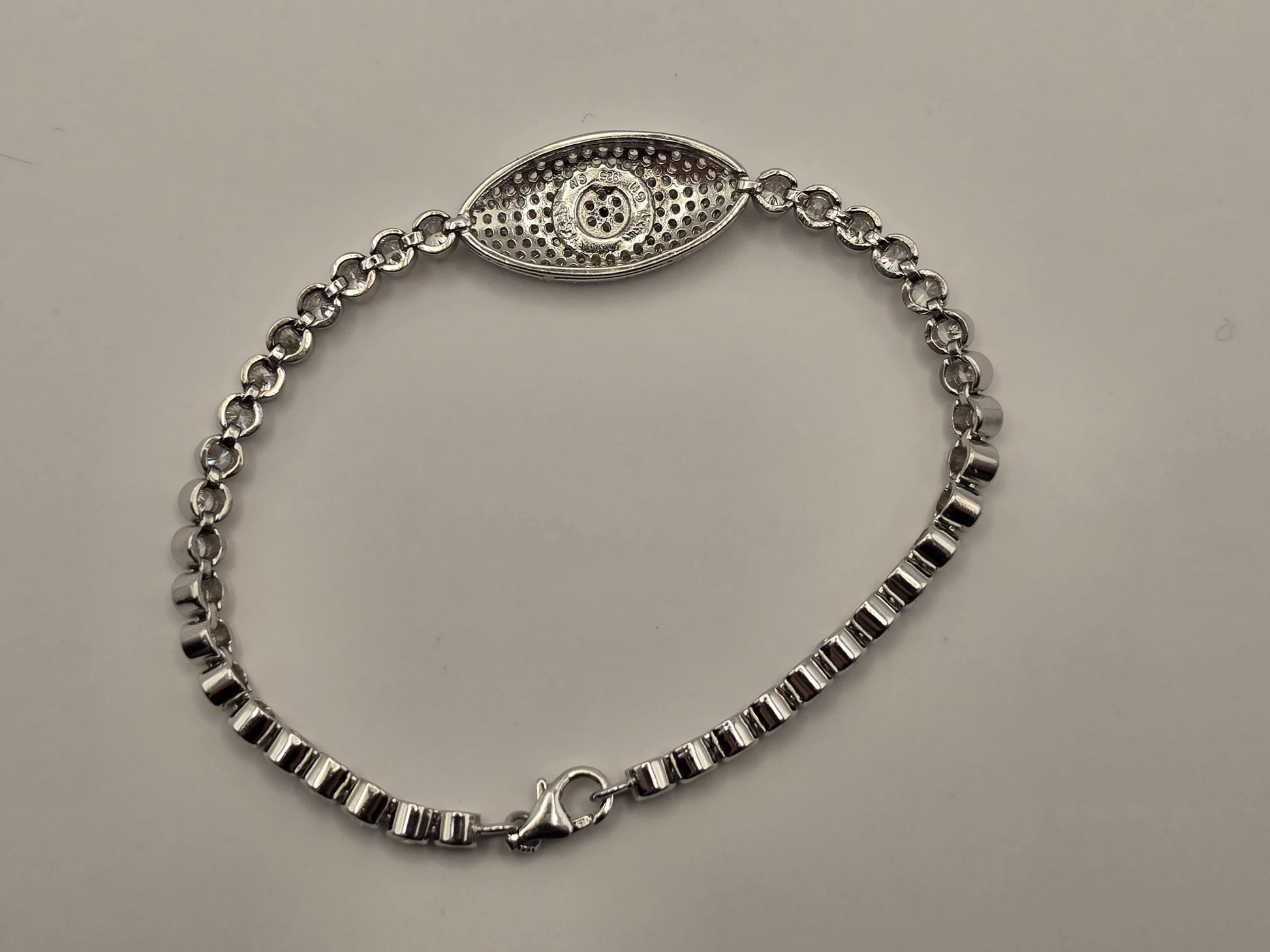 Sterling Silver Evil Eye Bracelet, CZ Pave Bezel Tennis Chain 925