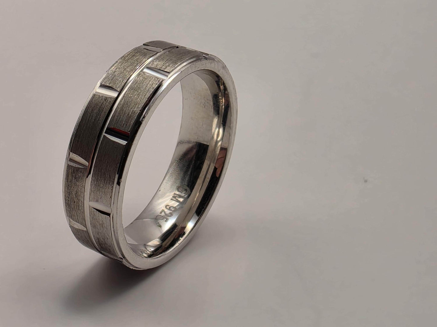 Sterling Silver Brick Pattern Wide Band Ring, Engraved Grid Design 925 Size 7