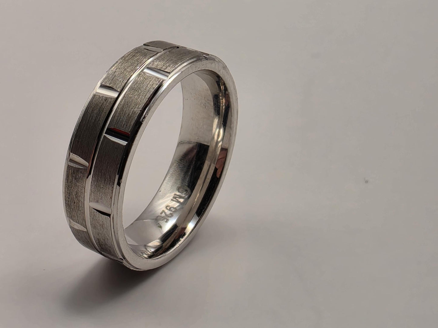 Sterling Silver Brick Pattern Wide Band Ring, Engraved Grid Design 925 Size 7