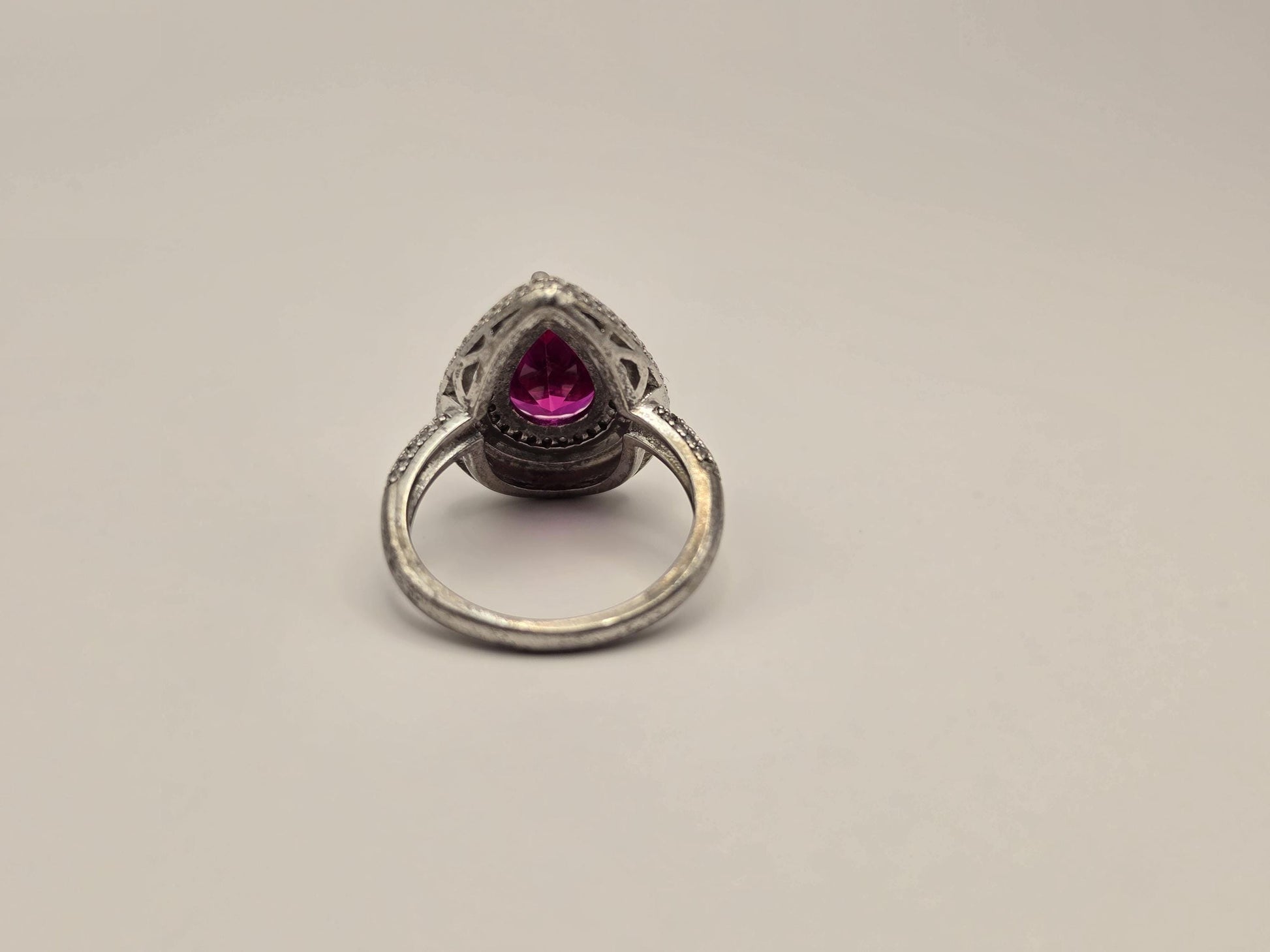 Sterling Silver Pink CZ Pear Halo Ring, Double Row Pave Statement 925 Size 7