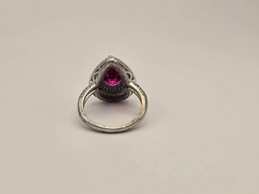Sterling Silver Pink CZ Pear Halo Ring, Double Row Pave Statement 925 Size 7