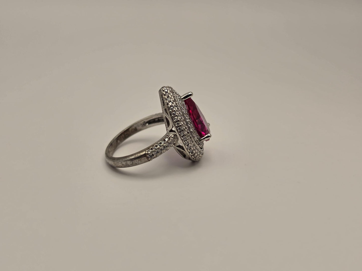 Sterling Silver Pink CZ Pear Halo Ring, Double Row Pave Statement 925 Size 7