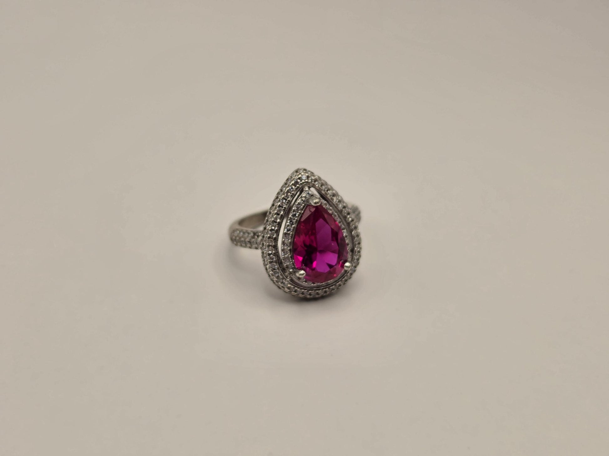 Sterling Silver Pink CZ Pear Halo Ring, Double Row Pave Statement 925 Size 7