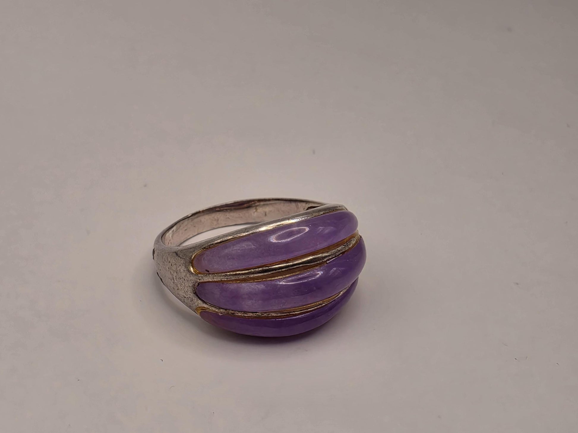 Sterling Silver Purple Enamel Dome Ring, Ribbed Stripe Design 925 Size 8.5