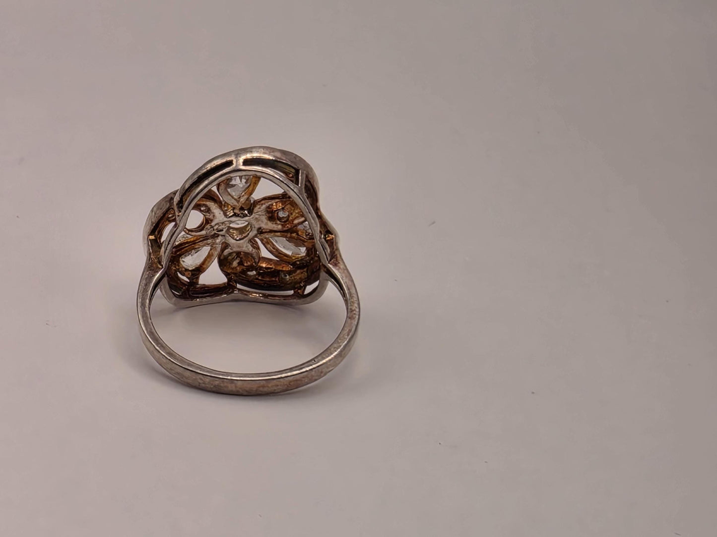 Sterling Silver CZ Floral Scroll Ring, Open Work Pear Cut Statement 925 Size 6