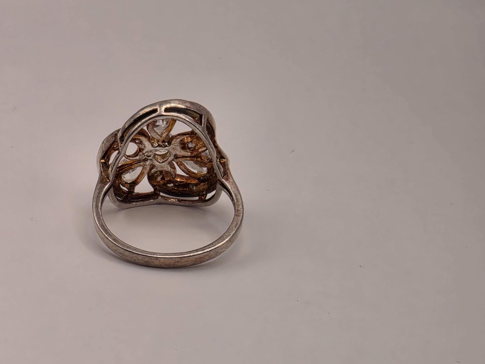 Sterling Silver CZ Floral Scroll Ring, Open Work Pear Cut Statement 925 Size 6