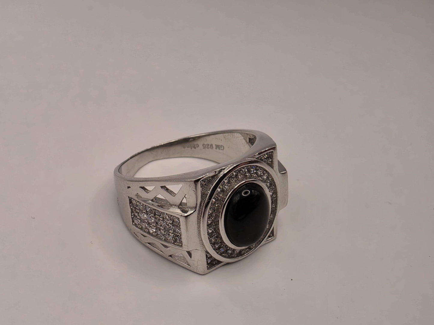 Sterling Silver Black Onyx Signet Ring, CZ Pave Halo Statement Ring 925 Size 9