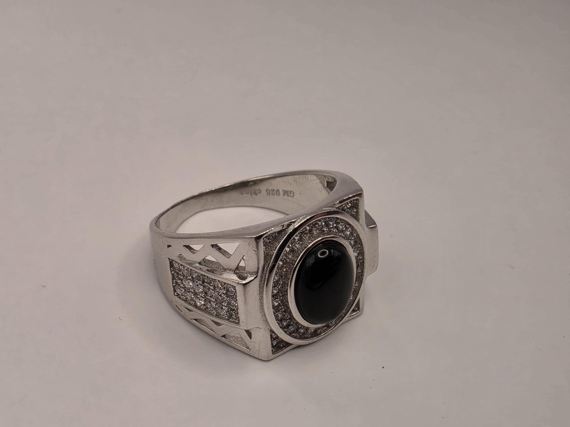 Sterling Silver Black Onyx Signet Ring, CZ Pave Halo Statement Ring 925 Size 9