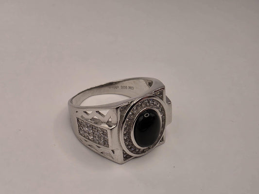 Sterling Silver Black Onyx Signet Ring, CZ Pave Halo Statement Ring 925 Size 9