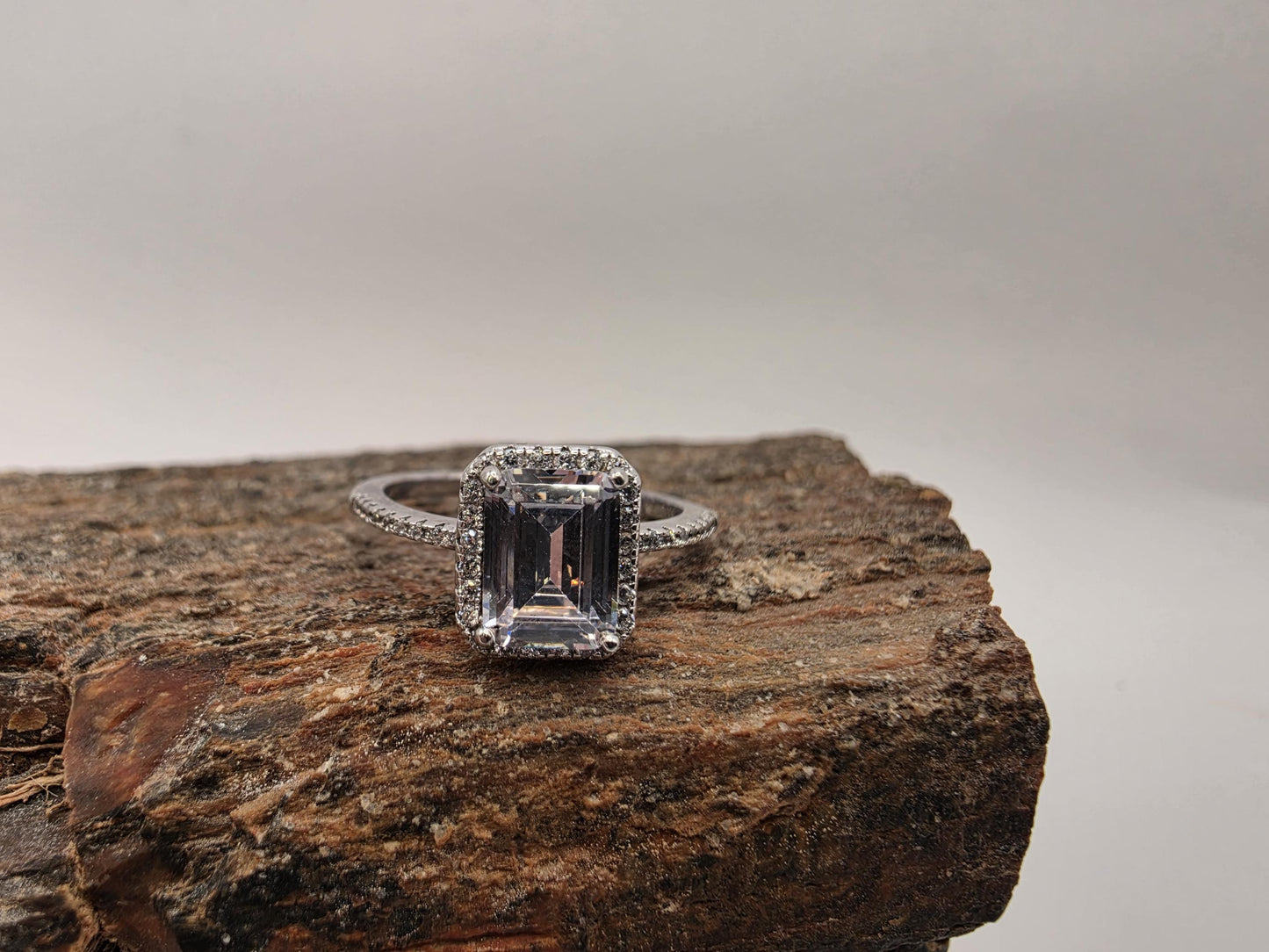 Sterling Silver Emerald Cut CZ Halo Engagement Style Ring Size 7.25 Solitaire 925 Women 3g