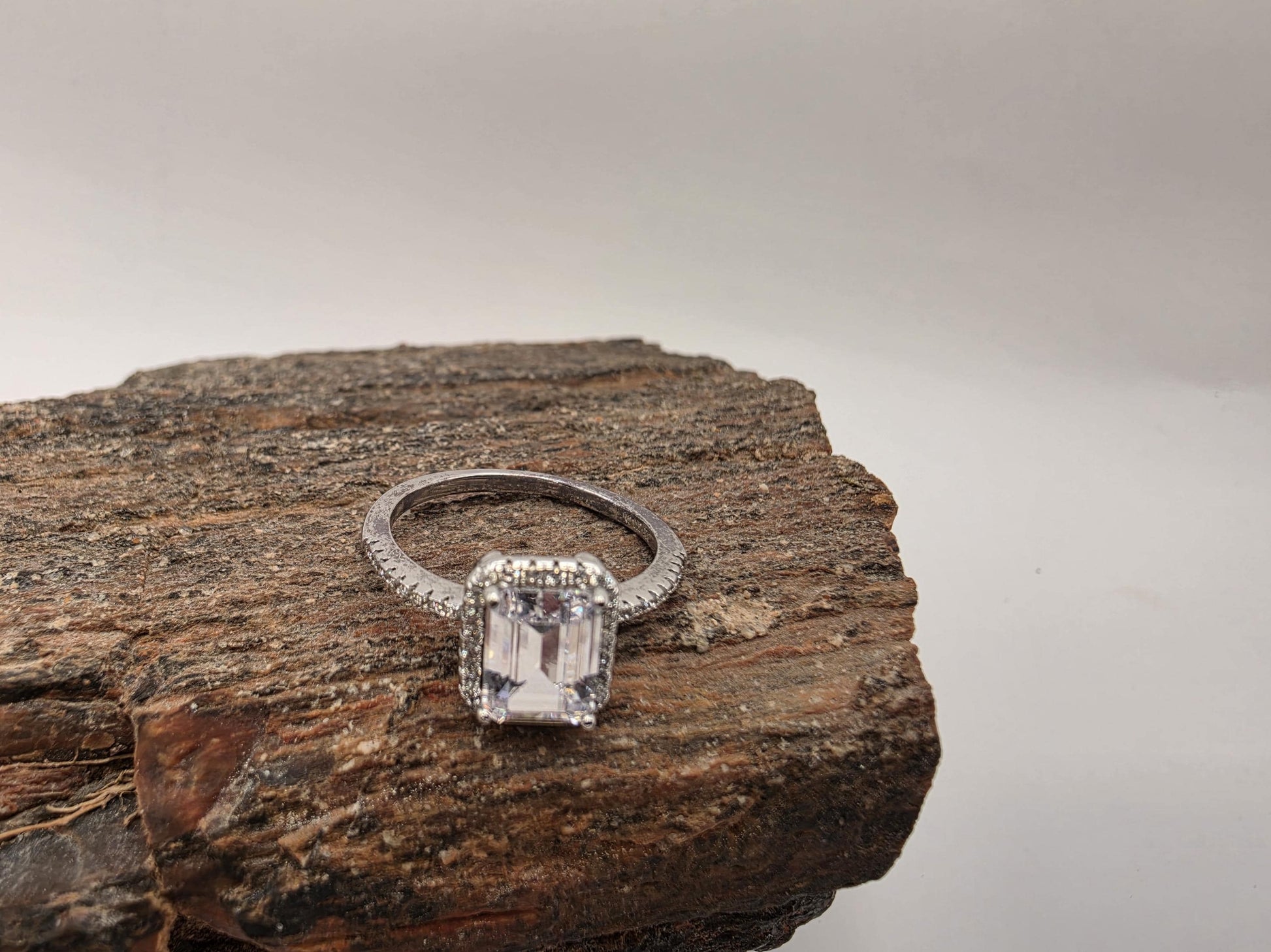 Sterling Silver Emerald Cut CZ Halo Engagement Style Ring Size 7.25 Solitaire 925 Women 3g