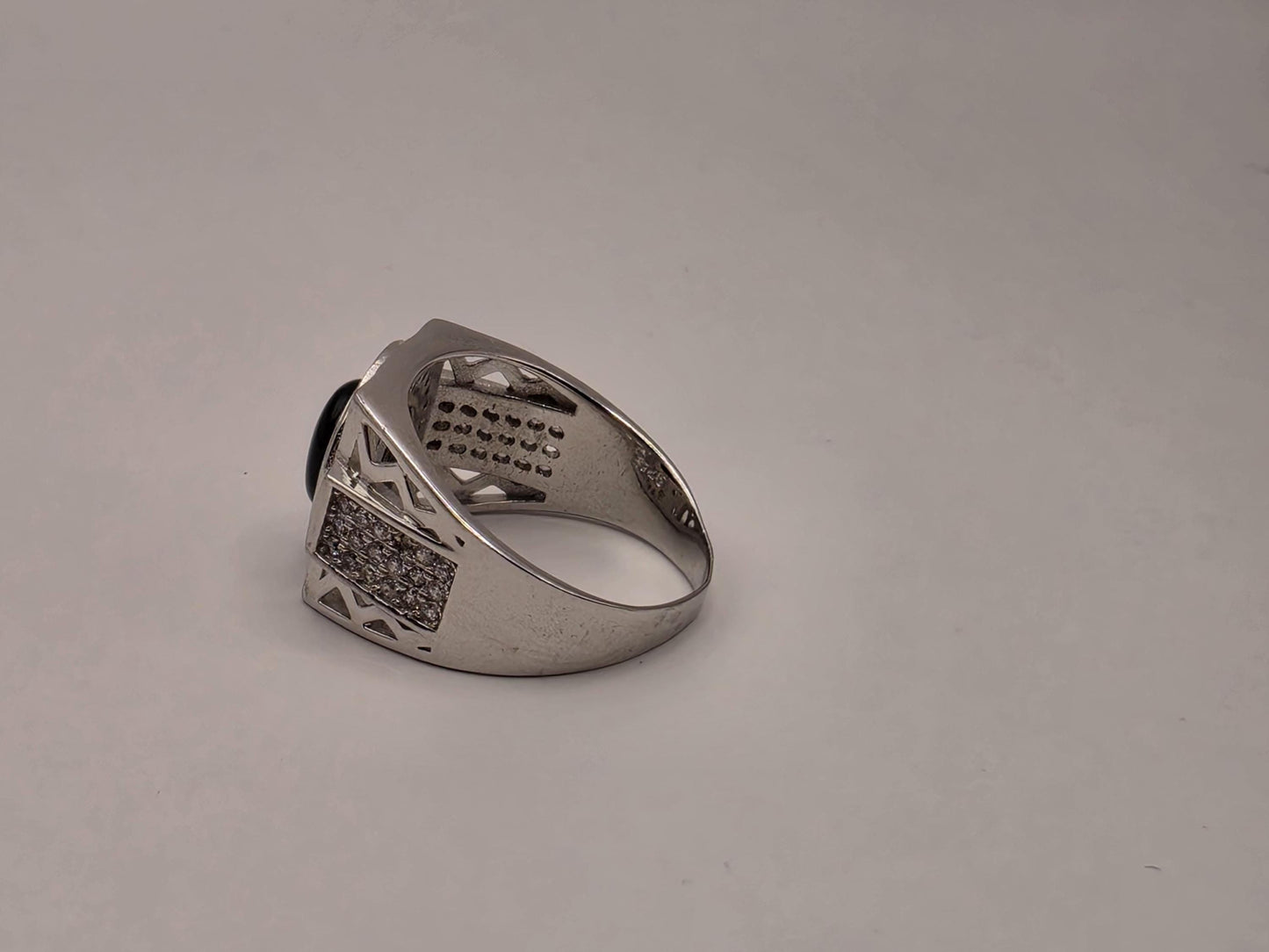 Sterling Silver Black Onyx Signet Ring, CZ Pave Halo Statement Ring 925 Size 9