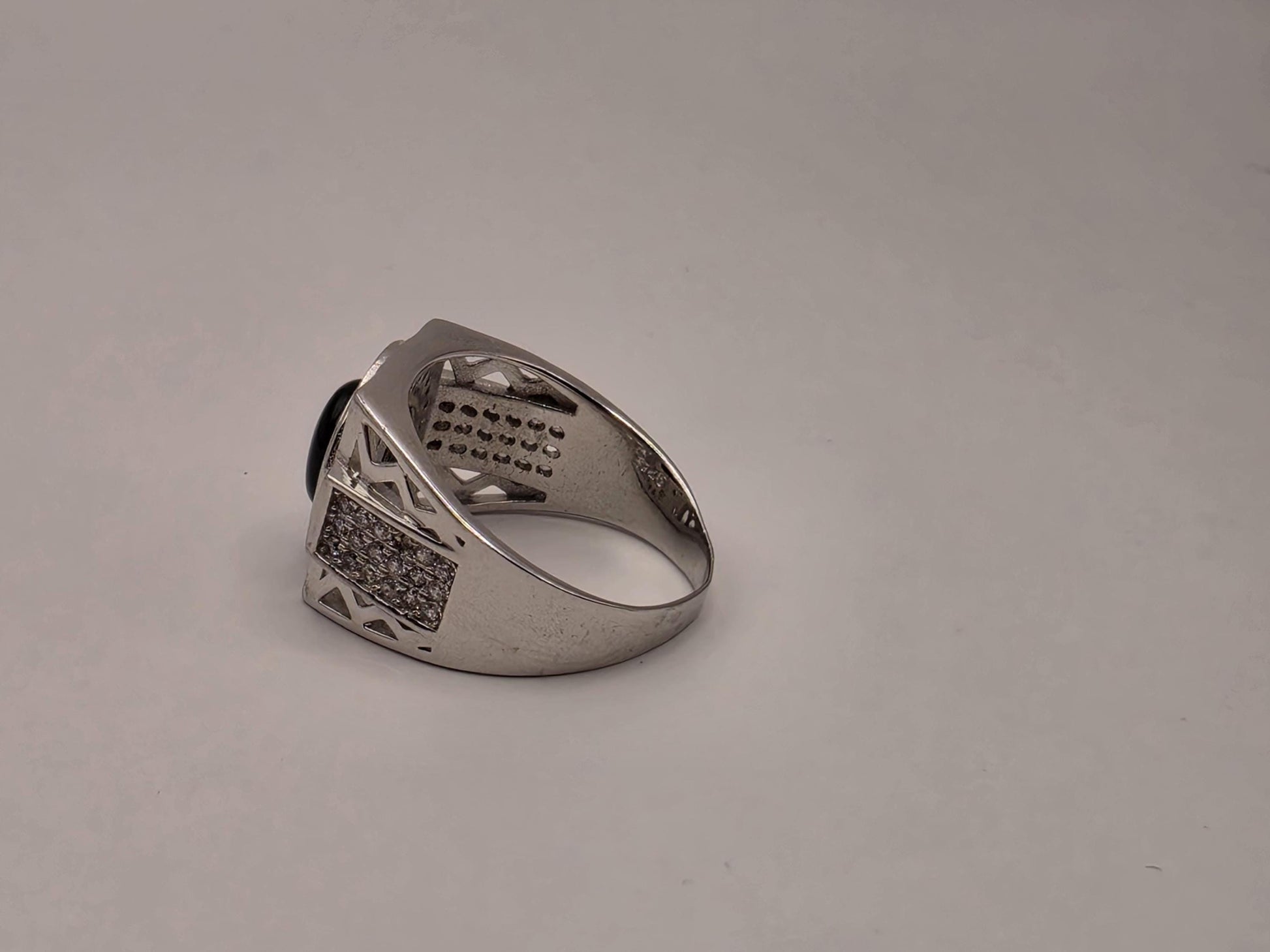 Sterling Silver Black Onyx Signet Ring, CZ Pave Halo Statement Ring 925 Size 9