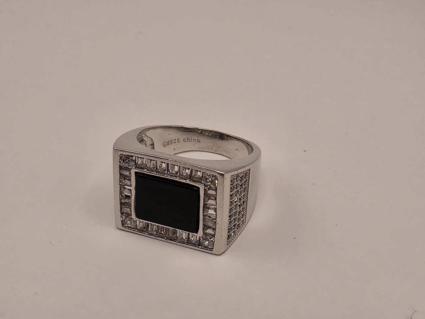 Sterling Silver Black Onyx Signet Ring, Rectangular Face CZ Accent 925 Size 8