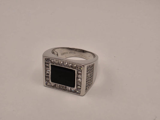 Sterling Silver Black Onyx Signet Ring, Rectangular Face CZ Accent 925 Size 8