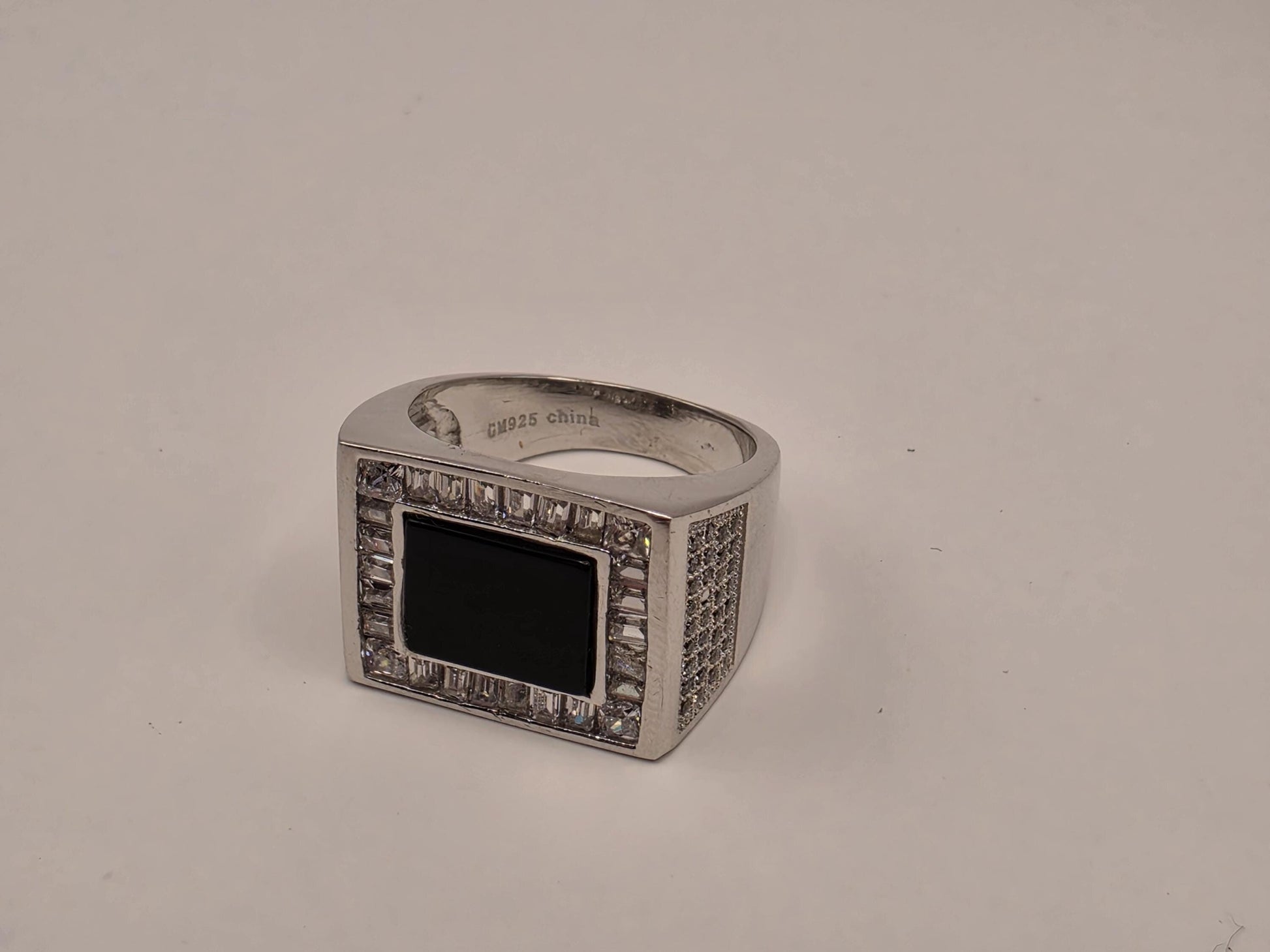 Sterling Silver Black Onyx Signet Ring, Rectangular Face CZ Accent 925 Size 8