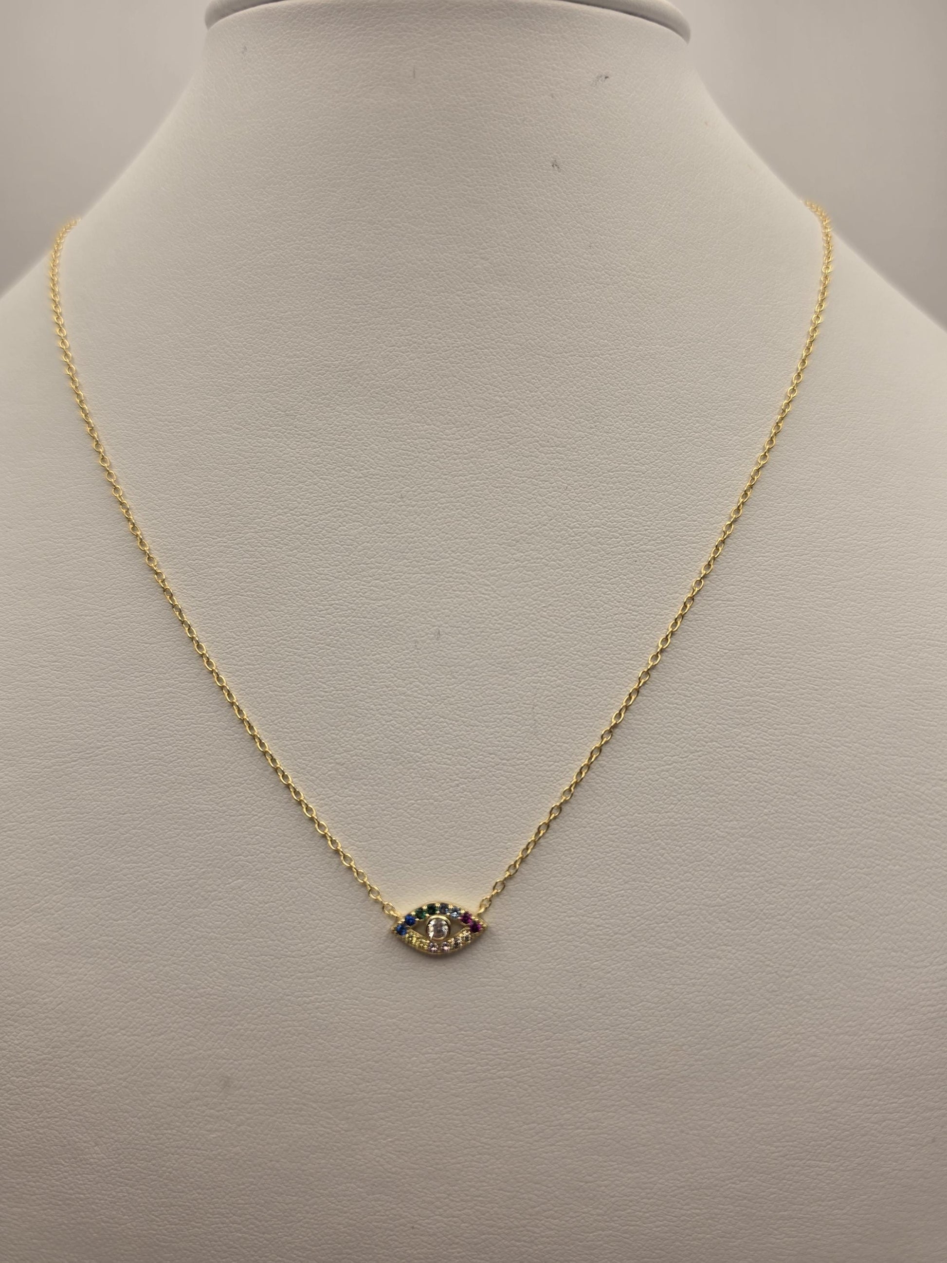 Gold Plated Sterling Silver Evil Eye Necklace, Multicolor CZ Charm 18 Inch