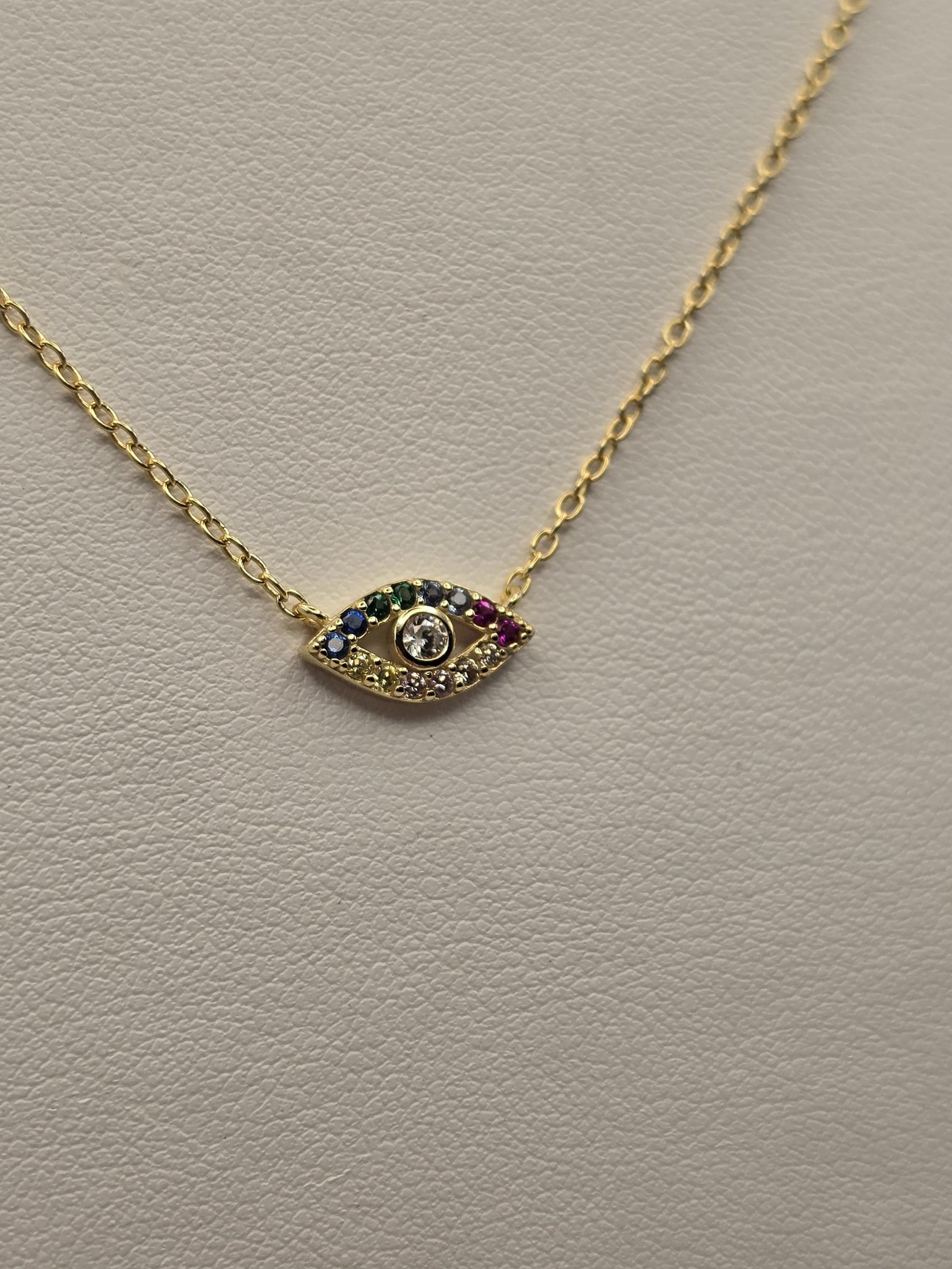 Gold Plated Sterling Silver Evil Eye Necklace, Multicolor CZ Charm 18 Inch
