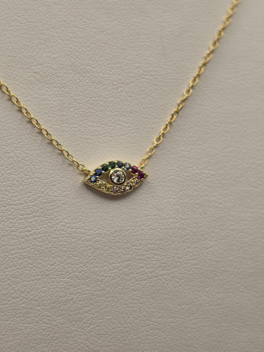 Gold Plated Sterling Silver Evil Eye Necklace, Multicolor CZ Charm 18 Inch