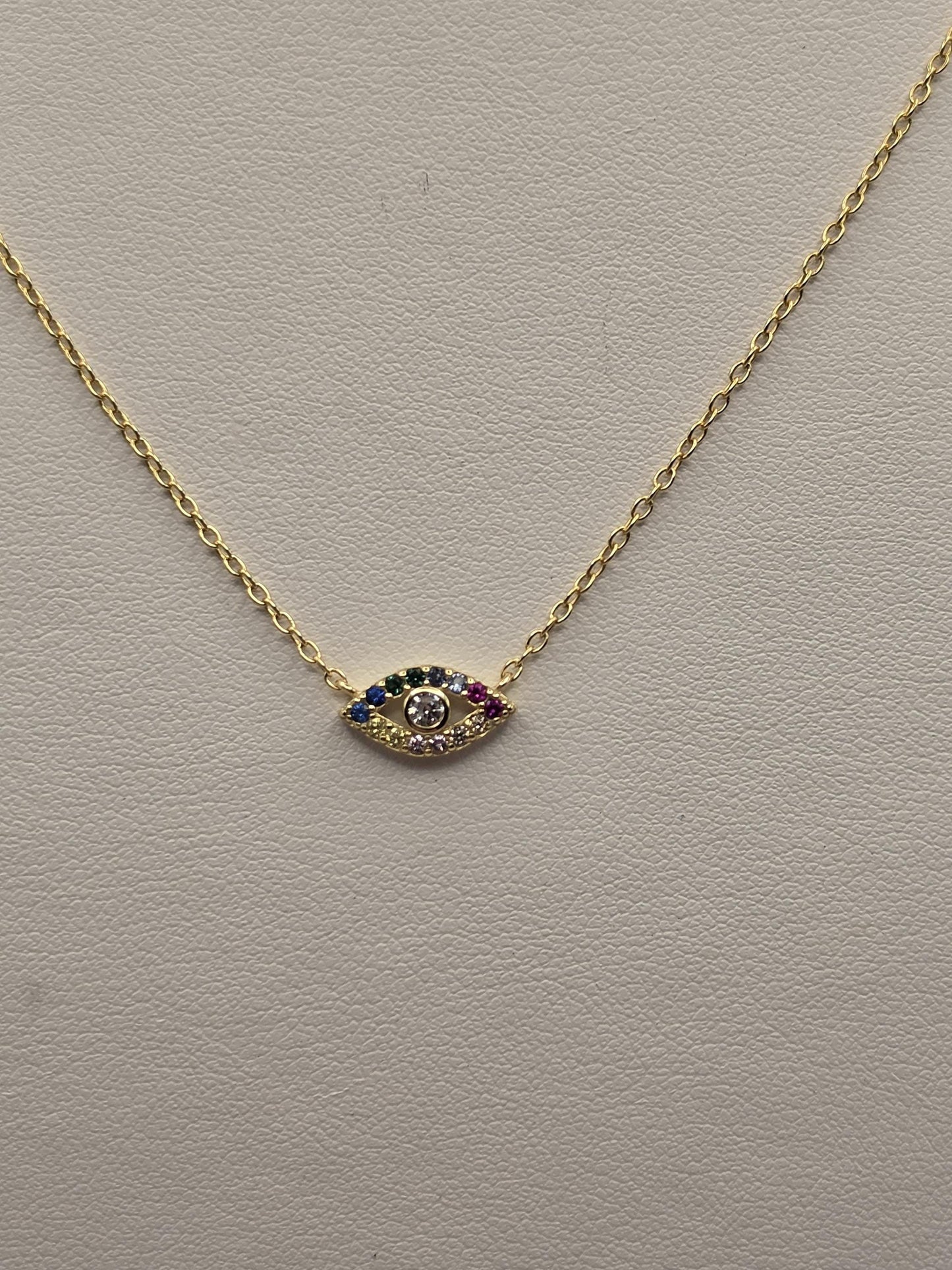 Gold Plated Sterling Silver Evil Eye Necklace, Multicolor CZ Charm 18 Inch